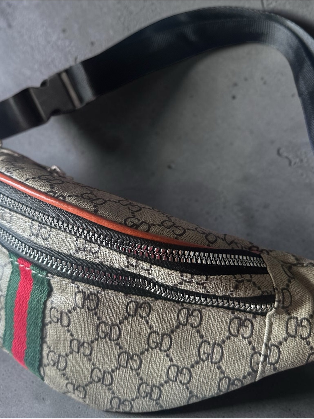 Designer Monogram Canvas Waist Bag in Beige with Green & Red Stripe